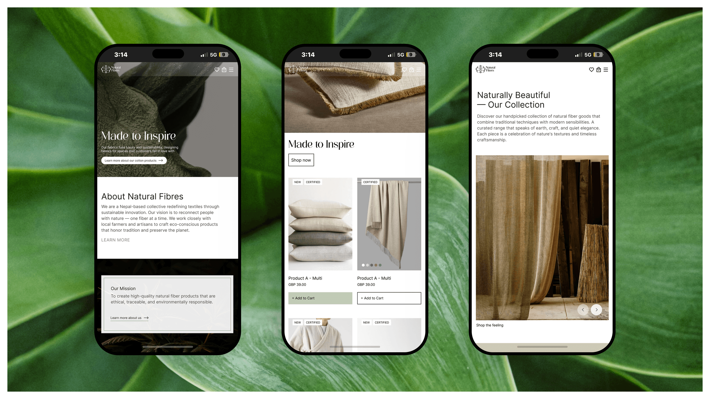 The Natural Fibers e-commerce site on three phones