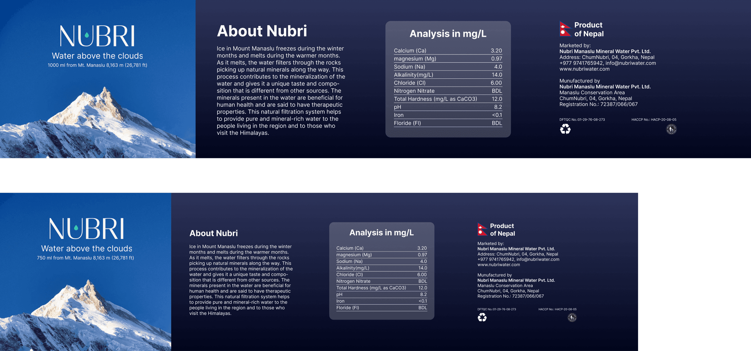 Nubri bottle labels, 1000 ml and 750 ml