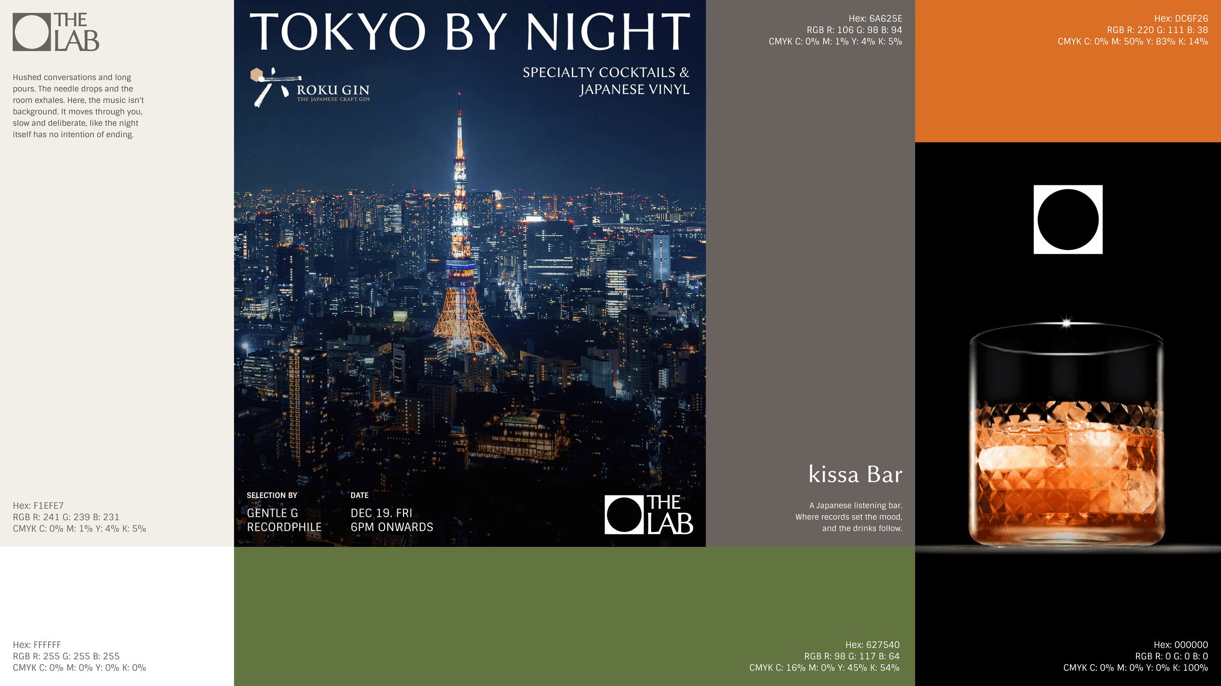 The Lab colour palette beside a Tokyo by Night event poster